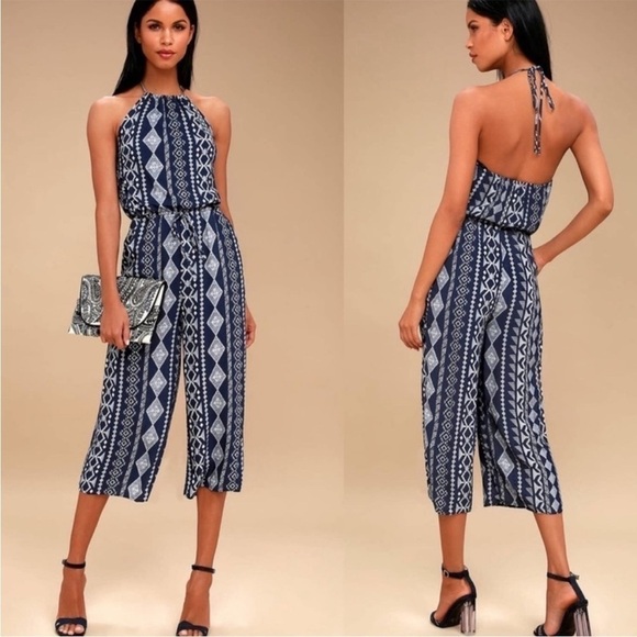 Lulu's Jumpsuit Sparrow Blue White Aztec Print Crop Length Halter Tie size Large - Picture 3 of 16